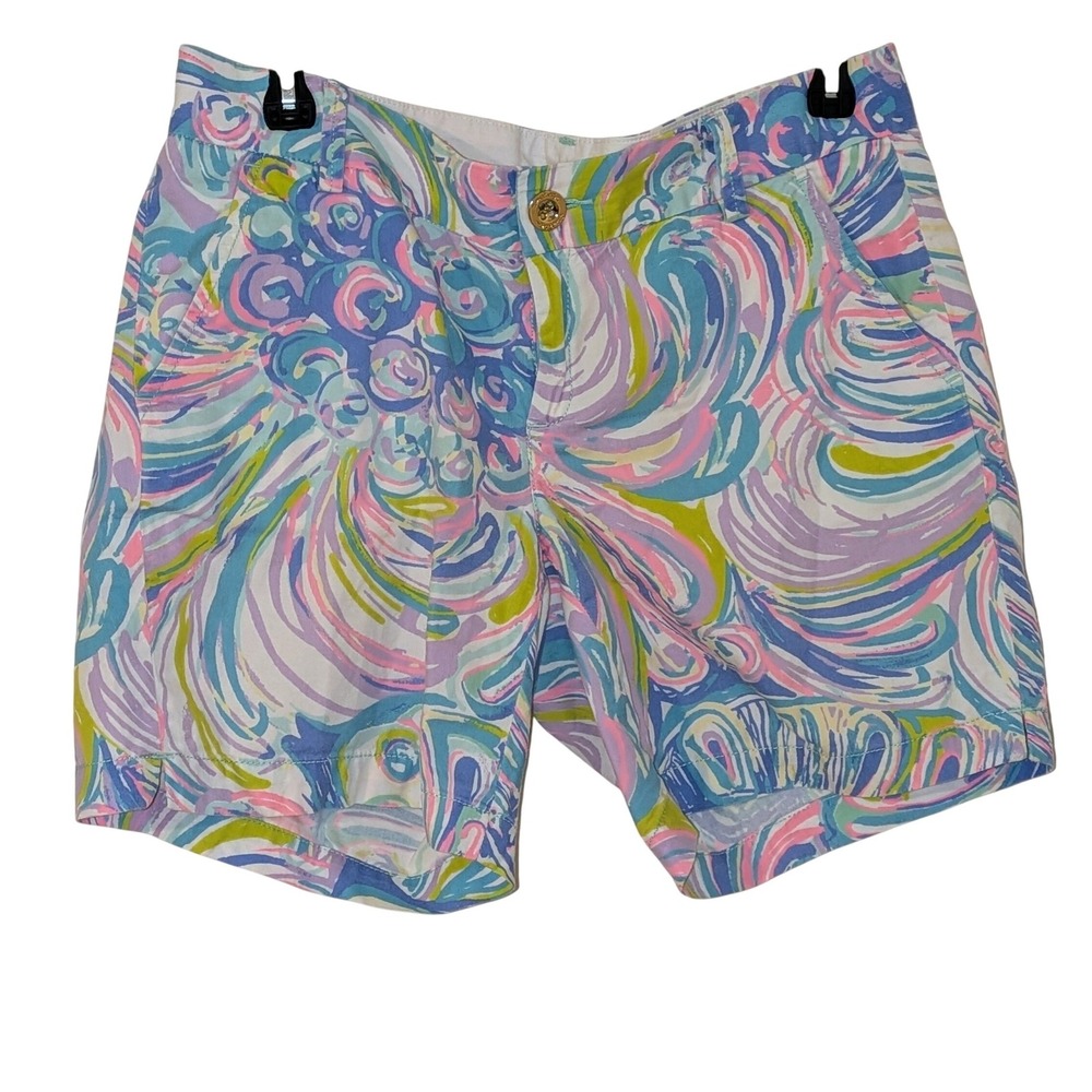 Lilly Pulitzer Jayne Shorts Size 4 Blue Pink Green Abstract Swirl Cotton Chino